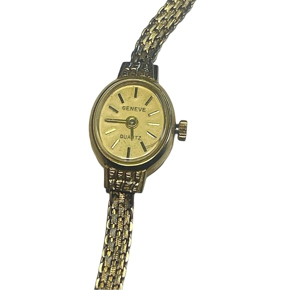 LADIES 14K GOLD GENEVE SWISS QUARTZ WRIST WATCH VINTAGE WOMANS OVAL FACE USA main image 6